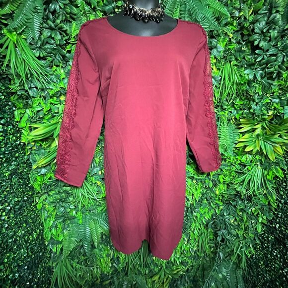 LANE BRYANT Women Dress 18/20 Red Flare A Line Lace Sleeve Round Neckline 1023 - Picture 4 of 8